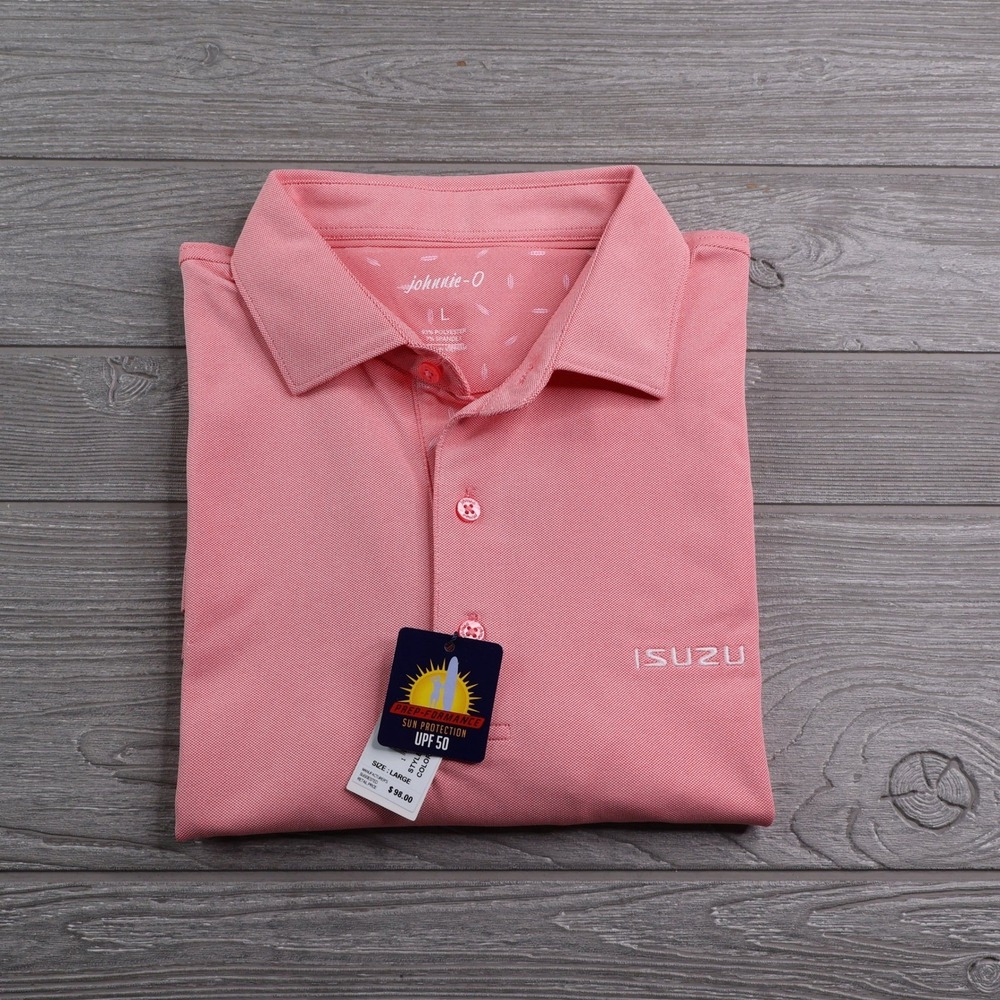 NWT Johnnie-O Prep-formance Streels Polo Men's L Pink Isuzu Logo UPF 50